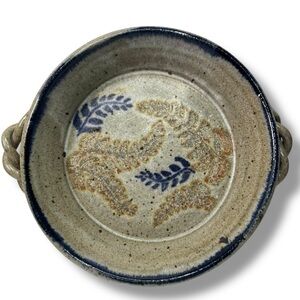 Artisan Ceramic Braided Hand Serving Dish with Blue & Cream Botantical Design
